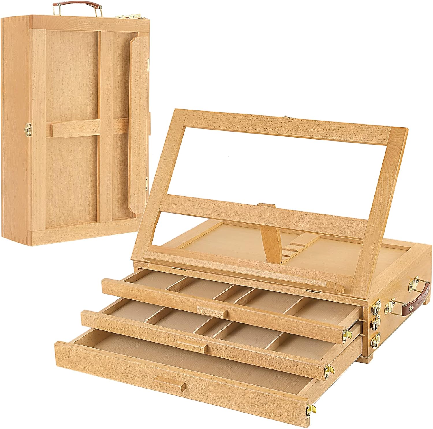 BIJIAMEI Artist Table Top Easels for Painting, 3Drawer Artist Storage Box Easel, Solid Beech