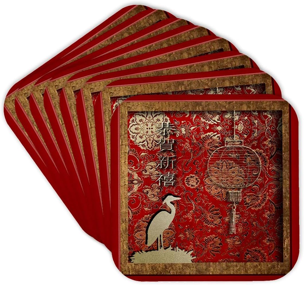 3dRose Beverly Turner Photography Crane and Lantern Happy Chinese New Year in Chine Coaster, Soft, Set of 8