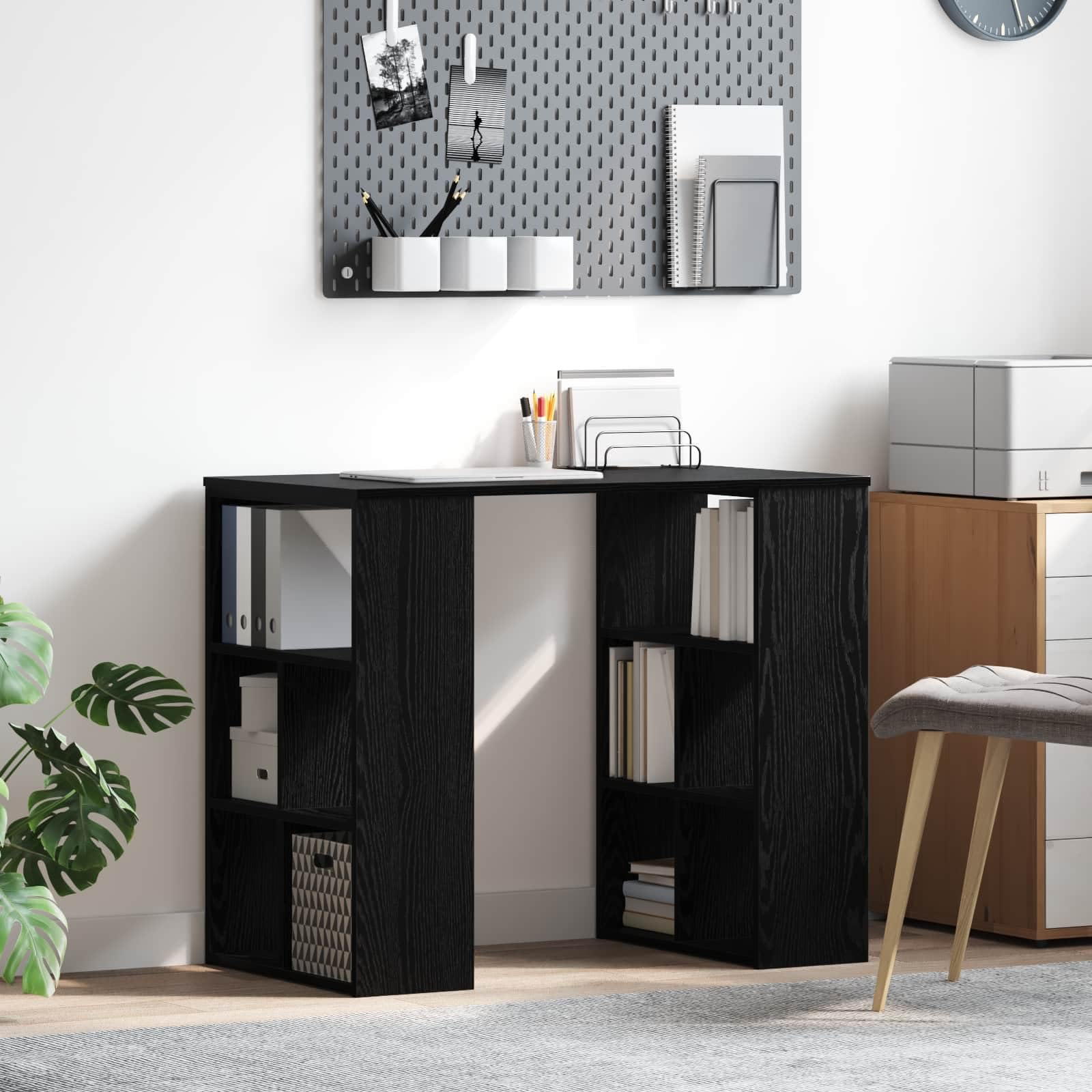 Biurko o wyglądzie czarnego dębu z materiału drewnopochodnego 90 x 50 x 75 cm z 4 półkami, stół biurowy do domowego biura, miejsce pracy z miejscem do przechowywania i segregatorami