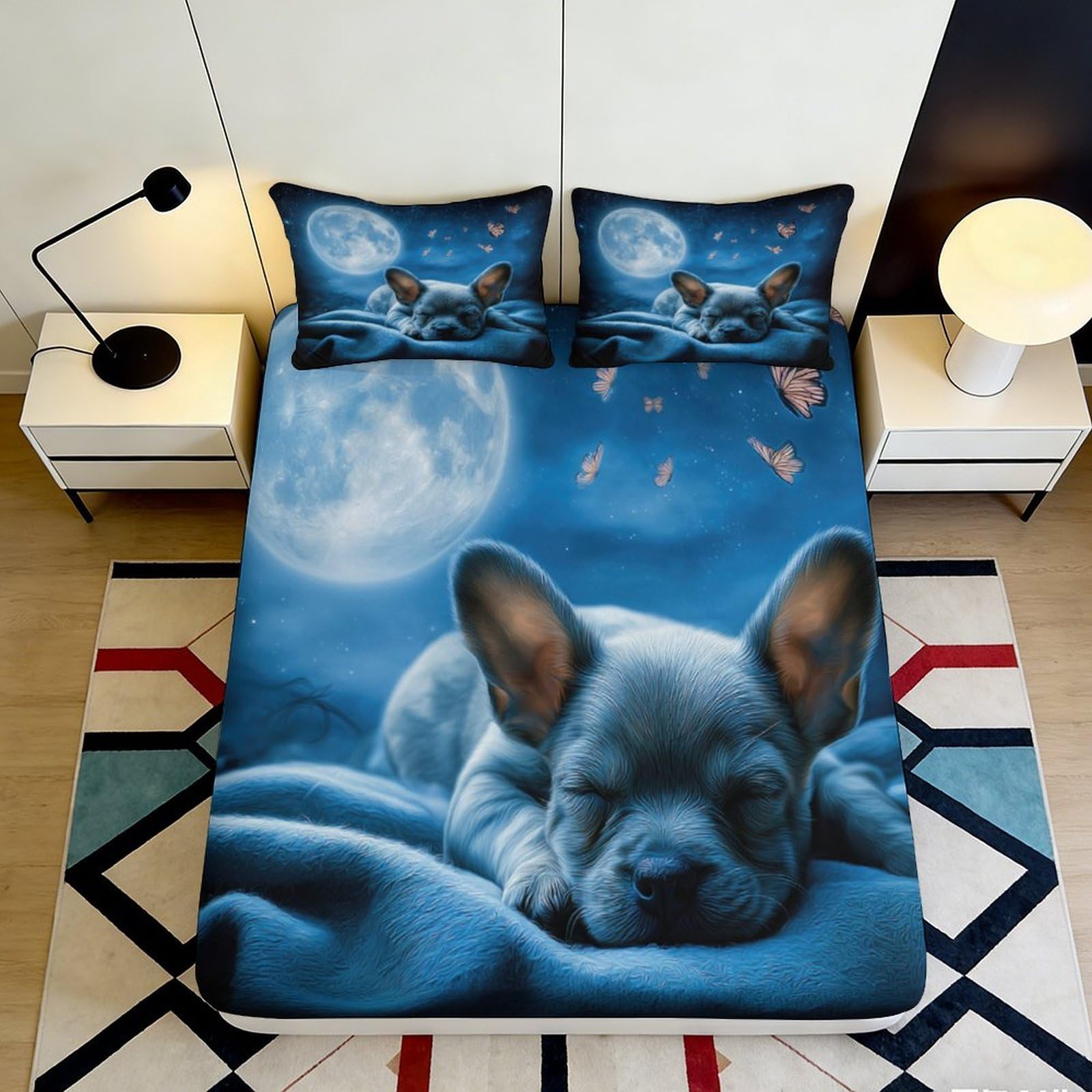 3D Printed Sleeping Puppy Blue Moon Fitted Sheet Microfiber Soft Breathable Butterfly Bed Sheet for Bedroom Dormitory Guest Room Mattress Protection Decor 200x200x25cm
