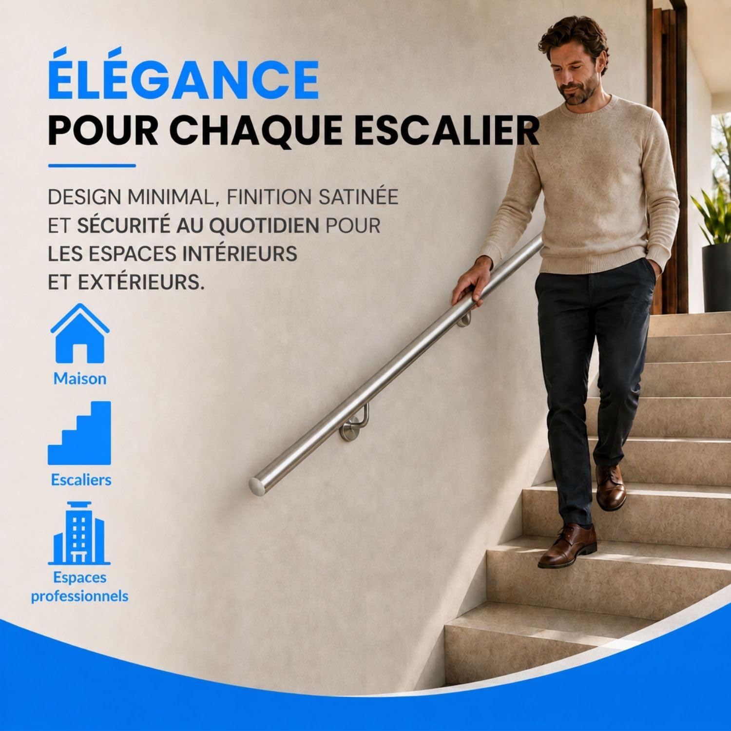INOXLM Main Courante pour escalier en Acier Inoxydable AISI 304 ⌀ 33,7 mm, Rampe escalier Finition Satinée Fabriqué en Italie, Garde corps escalier pour Intérieur et Extérieur (350cm)