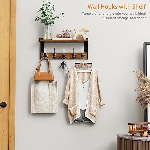 Miniatura 2 de Ganchos de pared con estante, perchero de madera con estante montado en la pared, estantes colgantes de entrada con 5 ganchos de metal para ropa,