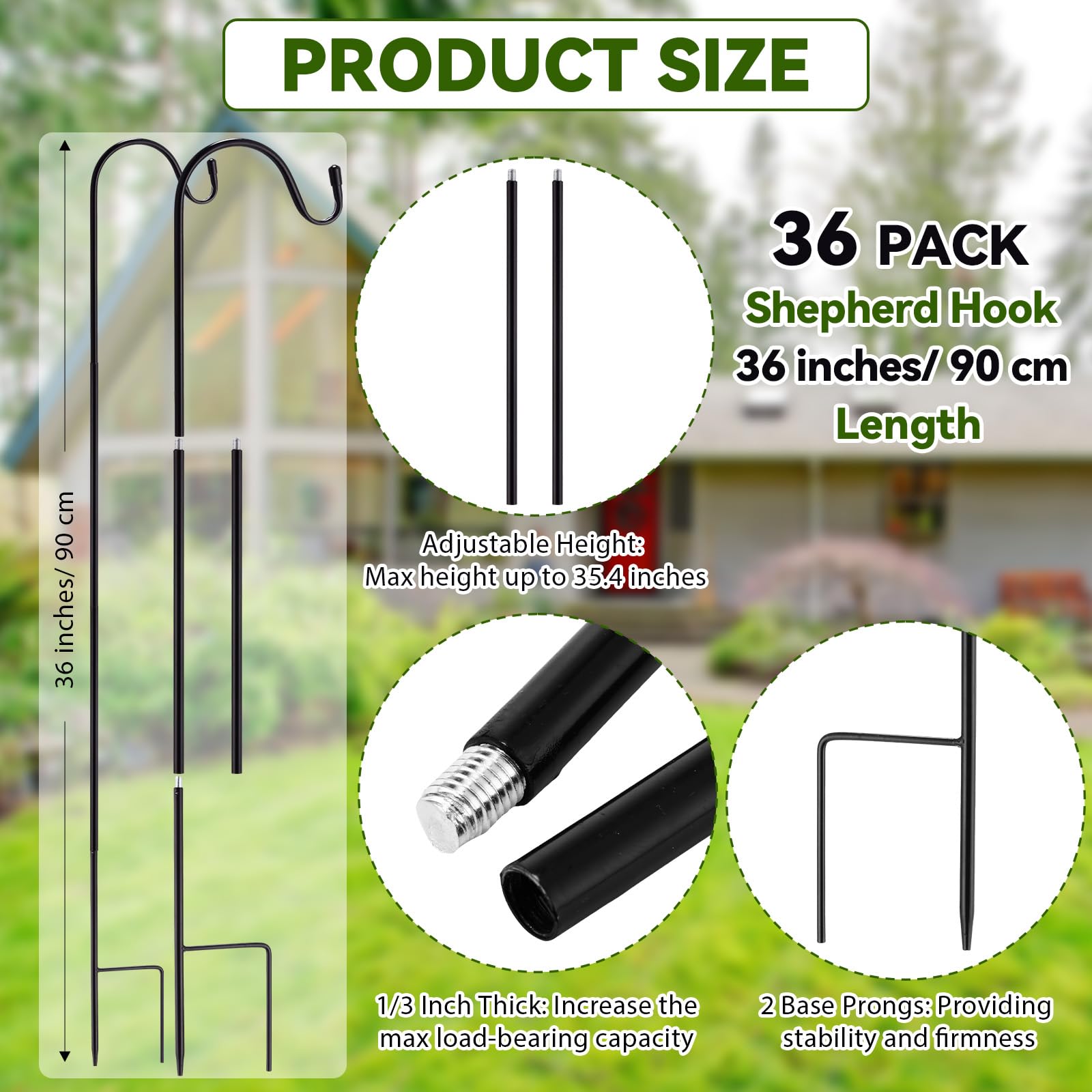 Blulu 36 Pieces Outdoor Shepherds Hook 36" Tall 1/3" Thick Rust Resistant Adjustable Metal Garden Hook for Hanging Plants Bird Feeders Lantern Hangers Flower Basket Christmas Lights Weddings, Black