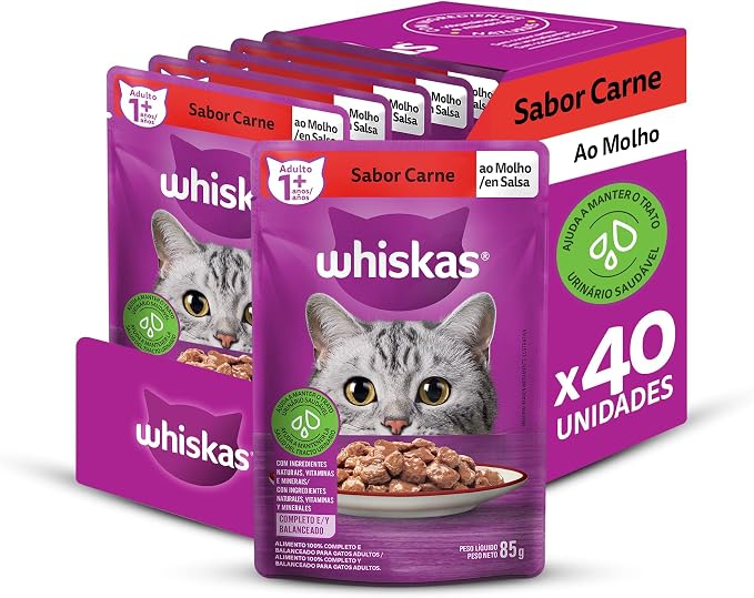 Pack de Ração Úmida Whiskas Sachê Carne ao Molho para Gatos Adultos, 40 sachês...