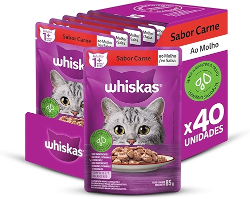 Pack de Ração Úmida Whiskas Sachê Carne ao Molho para Gatos Adultos, 40 sachês de 85 g
