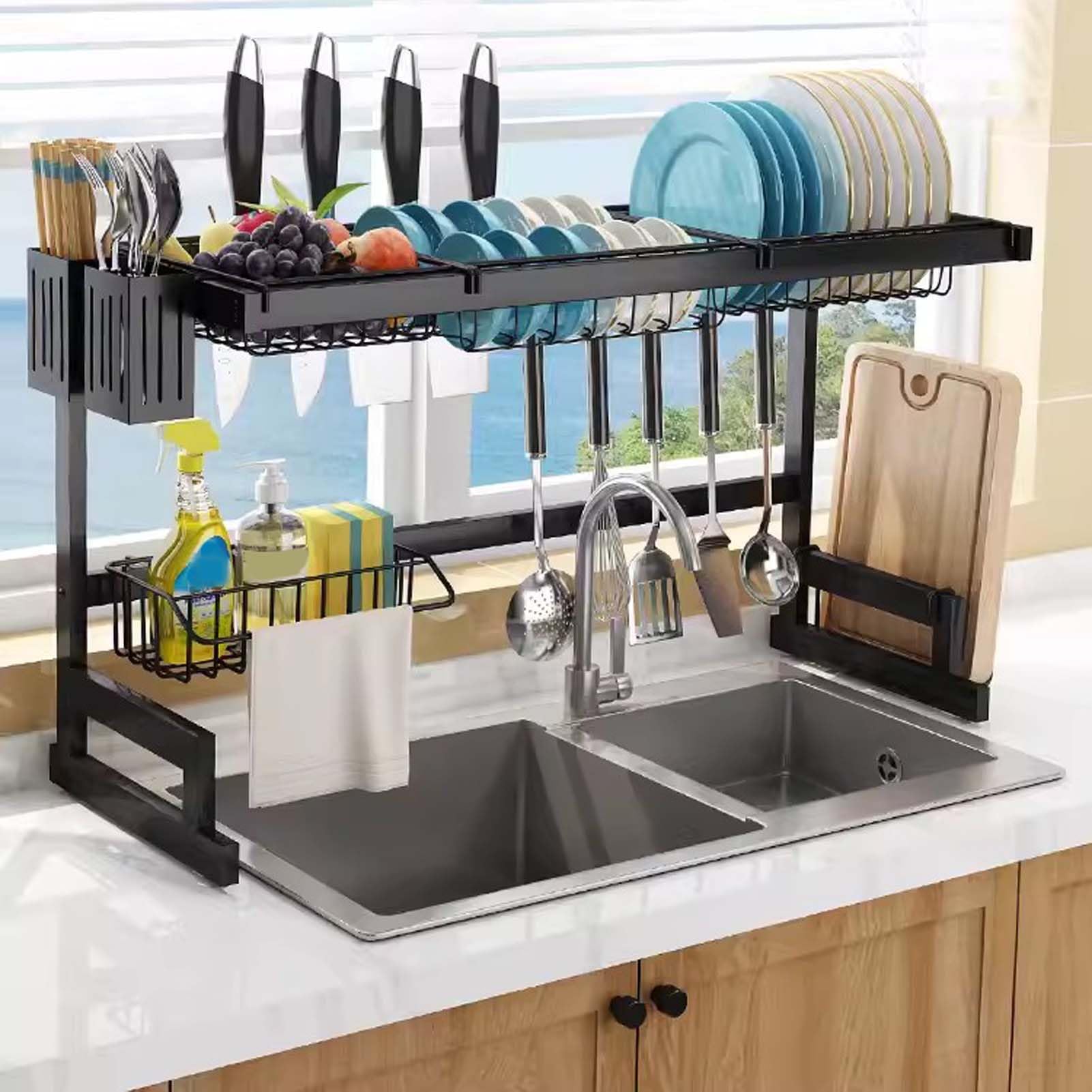 Escurridor de Platos para encimera de Cocina sobre el Fregadero, 90 x 30 x 50 cm, escurridor de Platos Negro sobre el Fregadero, escurridor de Acero Inoxidable para Cocina, Estante organizad