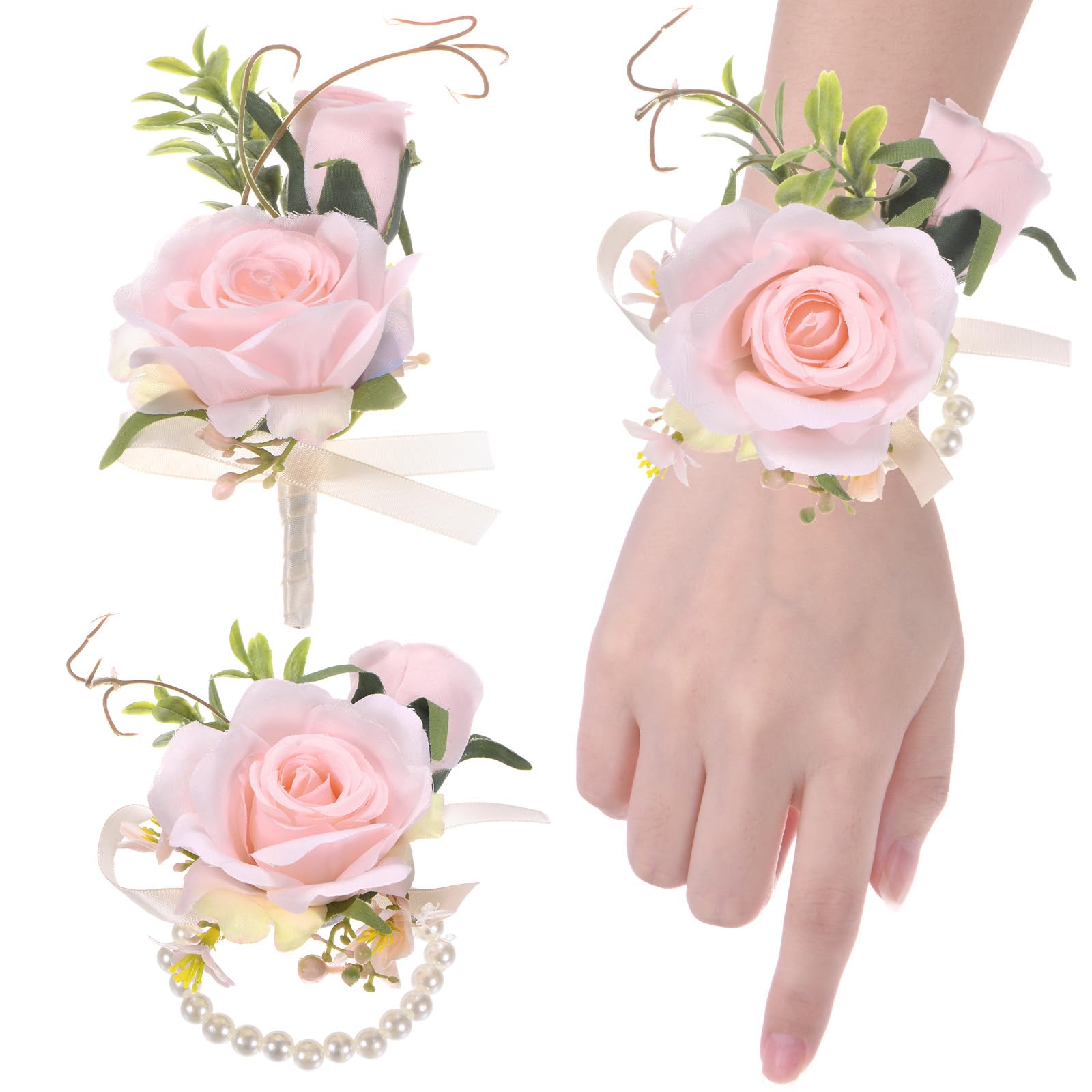 M METERXITY 1-Set Wrist Corsage and Boutonnieres Set, Artificial Flower Wrist Corsage Bracelets and Men Corsage for Wedding/Party/Prom/Decorations, Flower Wrist Corsage Set [Light Pink]