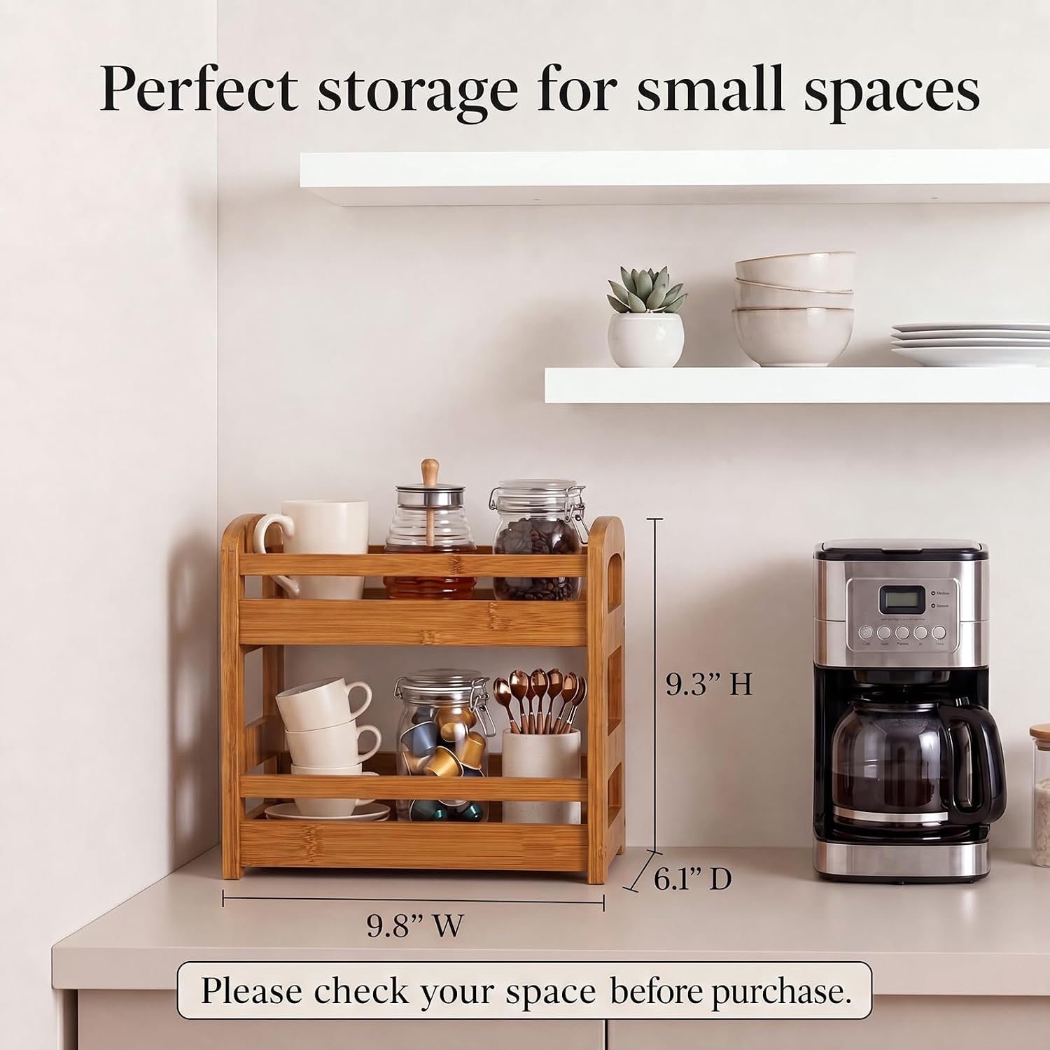 Briful 2 Tier Bamboo Spice Rack Organizer for Countertop Small Kitchen Shelf for Spices Coffee Bar Pantry & Cabinet Organization, Brown