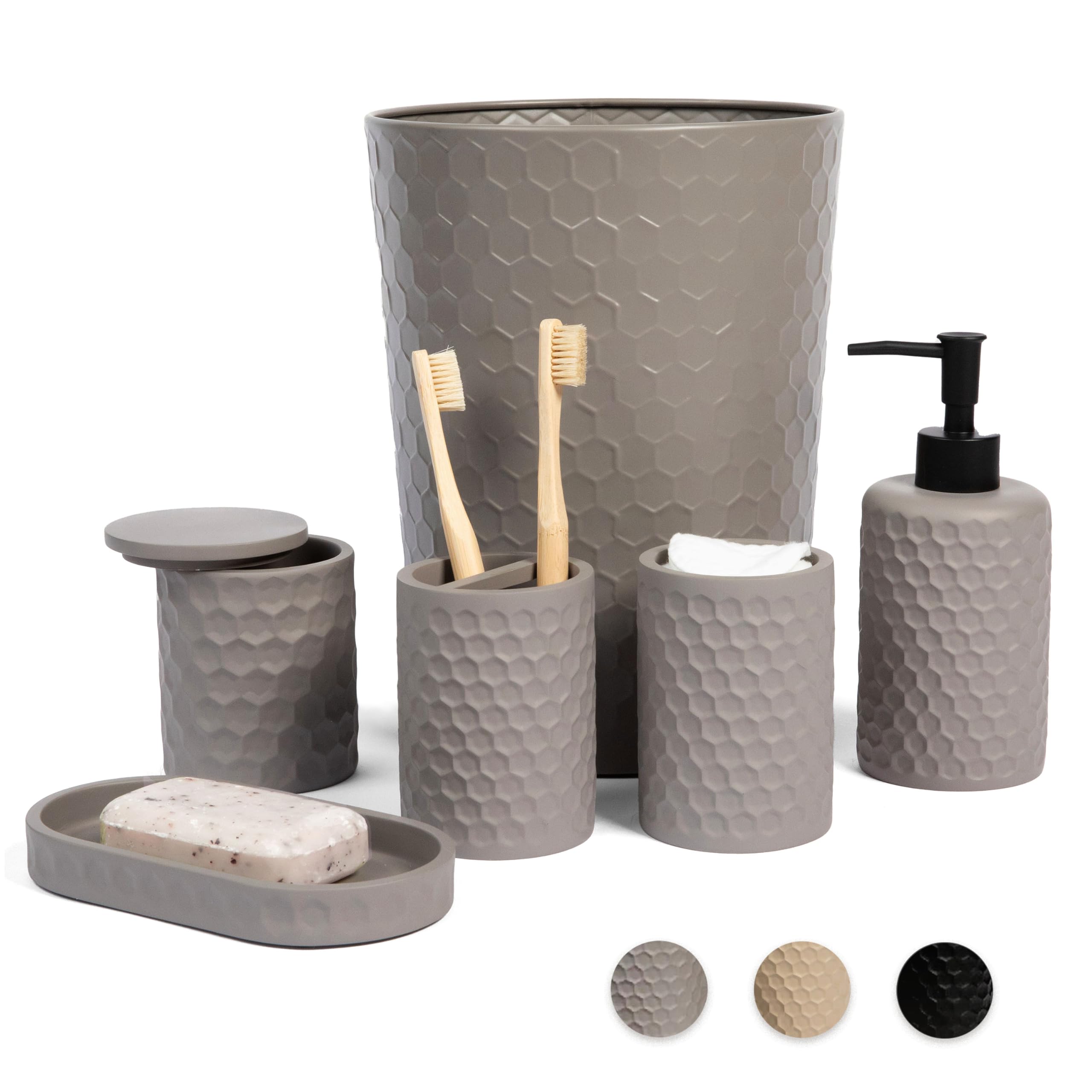 Ensemble Accessoires Salle De Bain 6 Pièces DIVCHI - Poubelle, Brosse WC, Porte-Brosse à Dents, Gobelet, Porte-Savon, Distributeur (Gris Avec Couvercles Bambou)