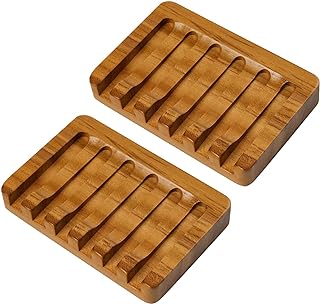 Set of 2 Teak Wood Soap Dishes with Sloped Drain | Bar Soap Holder for Shower, Bathroom Sink, Kitchen | Natural Wooden Soap Saver Tray with Quick-Dry Grooves