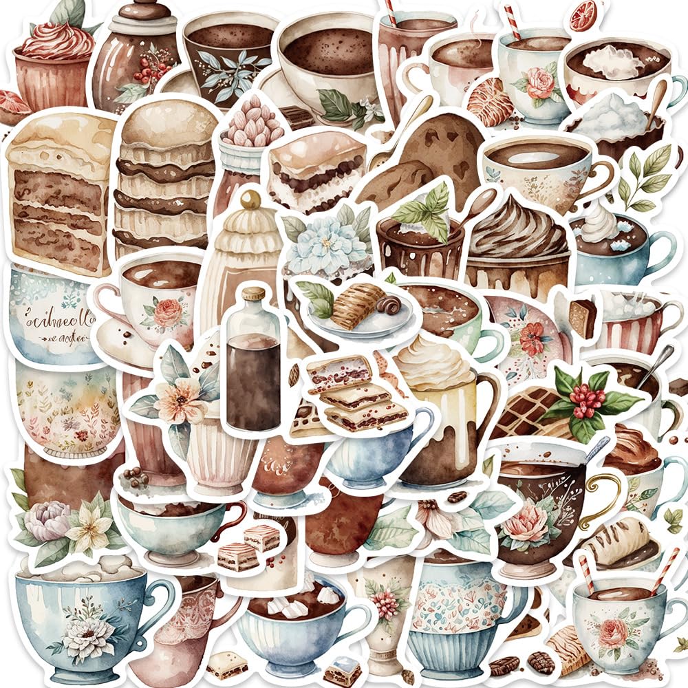 50Pcs Coffee Afternoon Tea Stickers Laptop Car Scrapbook Phone Skateboard Suitcase Luggage Bike Stickers Vinyl Waterproof Aesthetic Personalised Stickers for Teens Boys Girls Adults Children