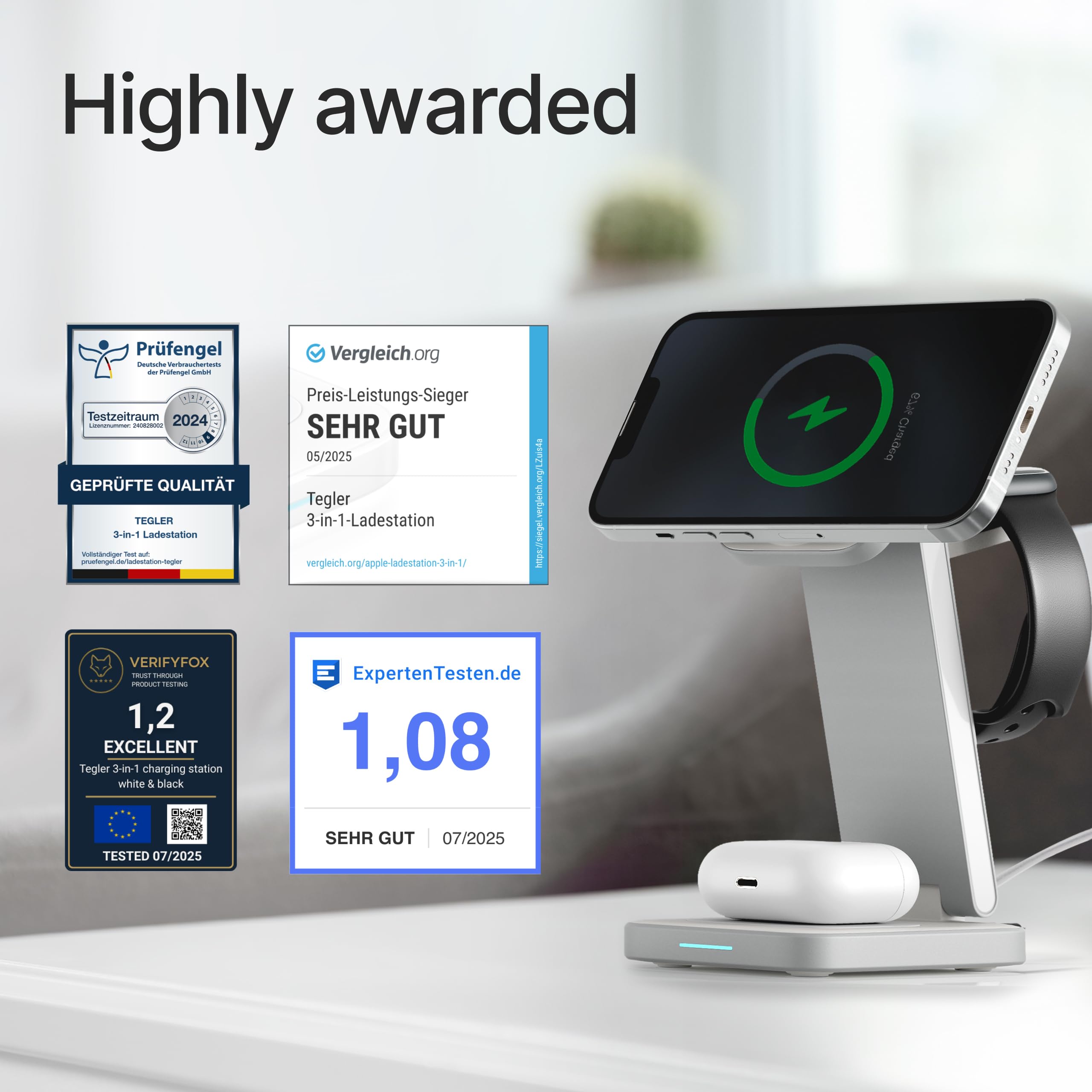 TEGLER Stazione di ricarica wireless 3 in 1 pieghevole in alluminio per smartphone, smartwatch e auricolari, con adattatore da 20W incluso