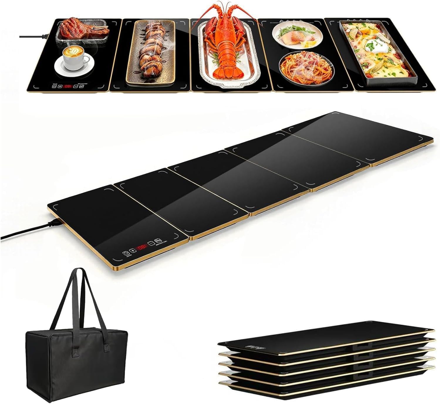Bandeja modular de calentador de alimentos eléctrico, placa de calefacción de vidrio expandible, 10 ajustes de calor, servidor de buffet para fiestas, catering, cenas de cocina, fácil almacenamiento y