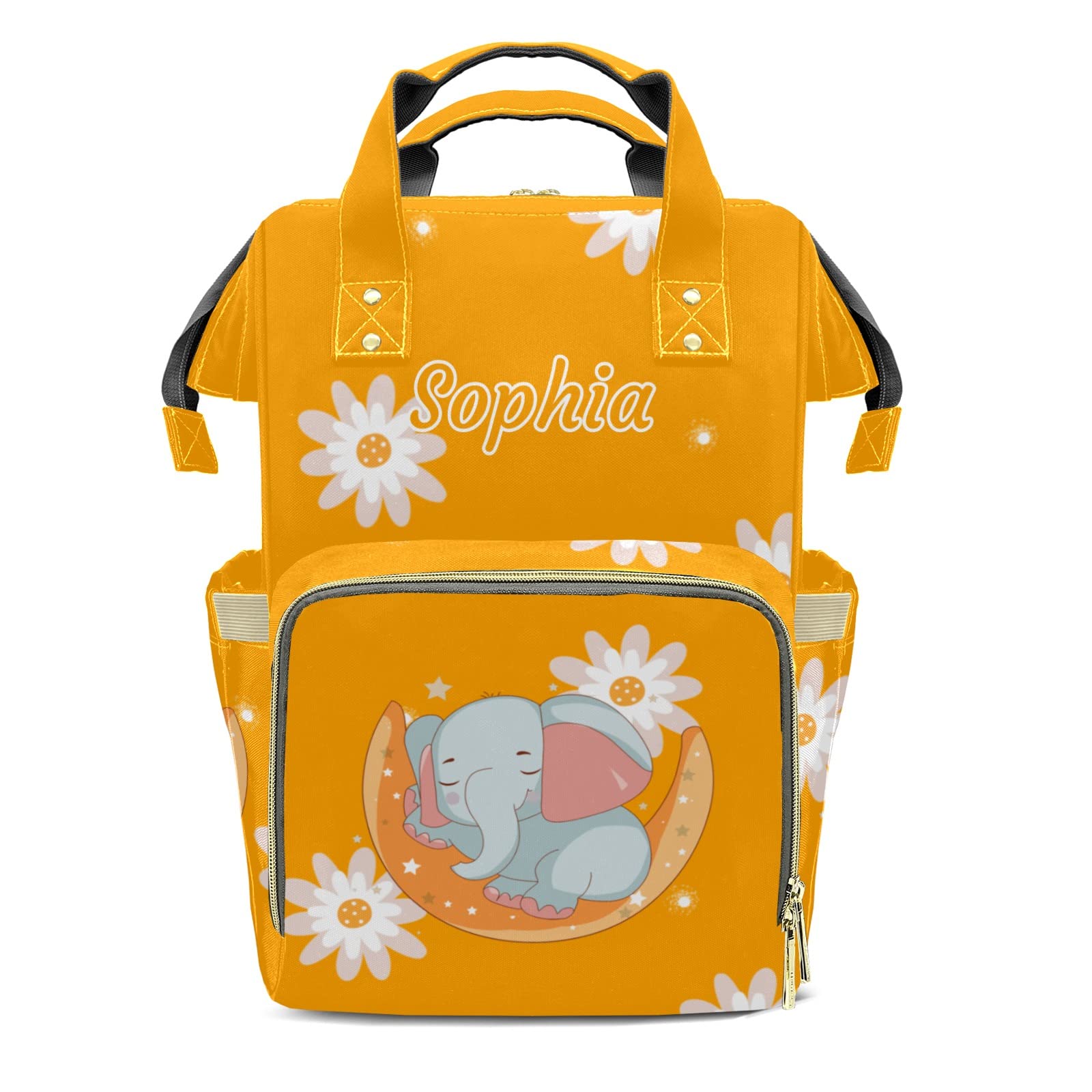 Cute Elephant Orange Floral Diaper Bag Backpack Multifunction Bags with Changing Pad Unisex Stylish Travel Back Pack Nappy Custom Bag for Moms Dads