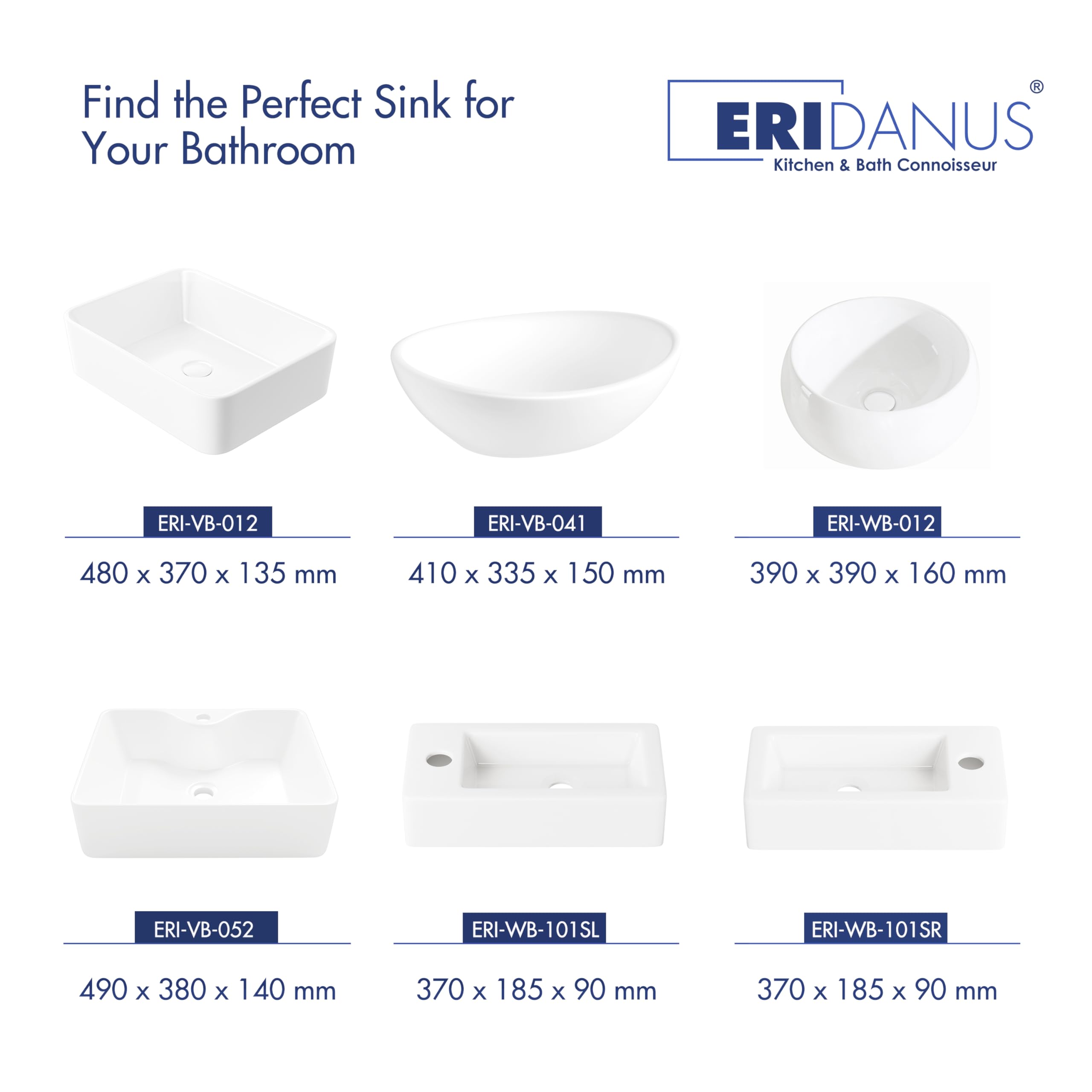 Eridanus Lavabo Rettangolare da Appoggio in Ceramica - Con Foro per Rubinetto, per Guardaroba, Bagno, Mobile - Vitreous China, Bianco Lucido - 490 x 370 x 140 mm
