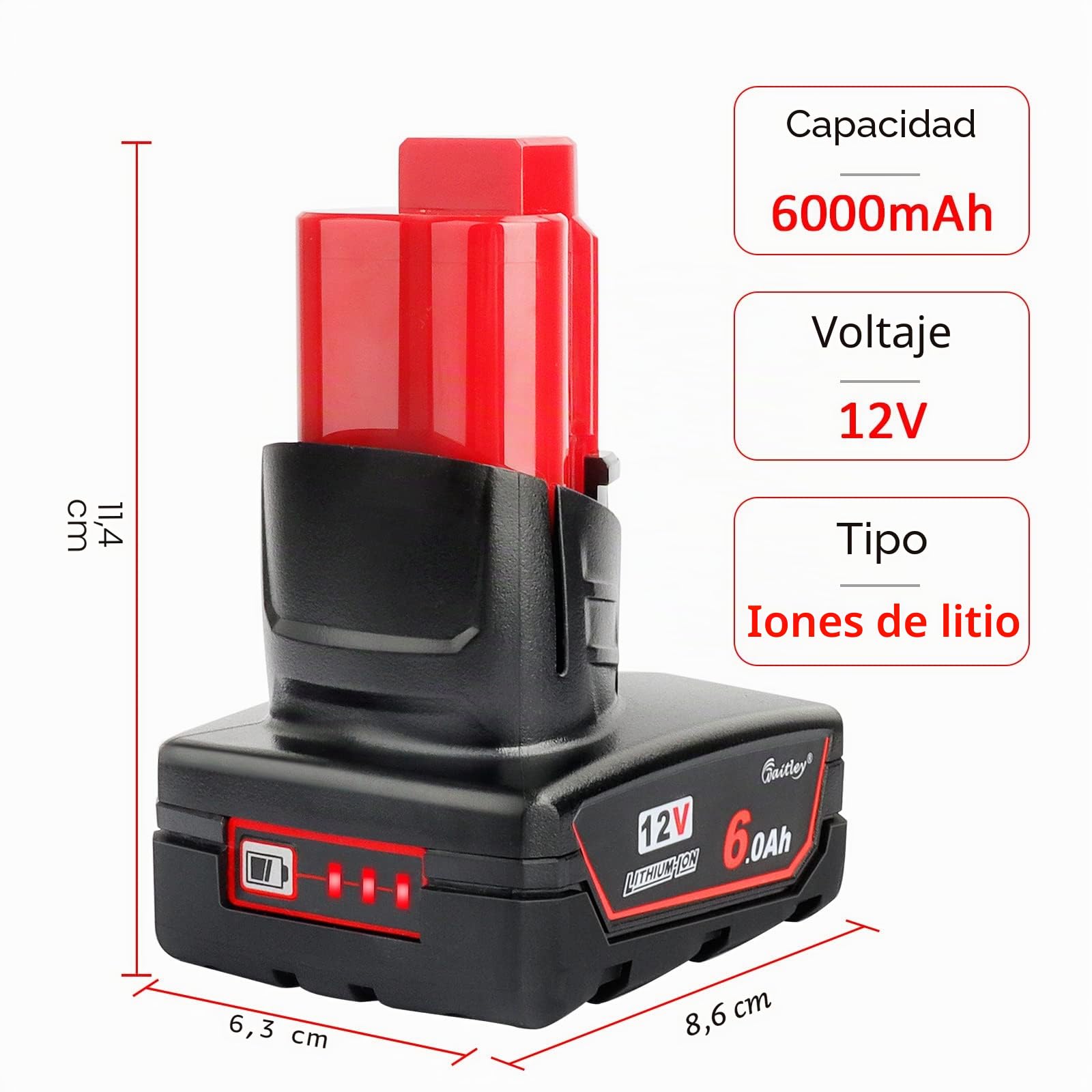 Waitley - Batería para Milwaukee M12 M12B 48-11-2411 48-11-2401 48-11-2420 48-11-2401 48-11-2402 M-12 M12
