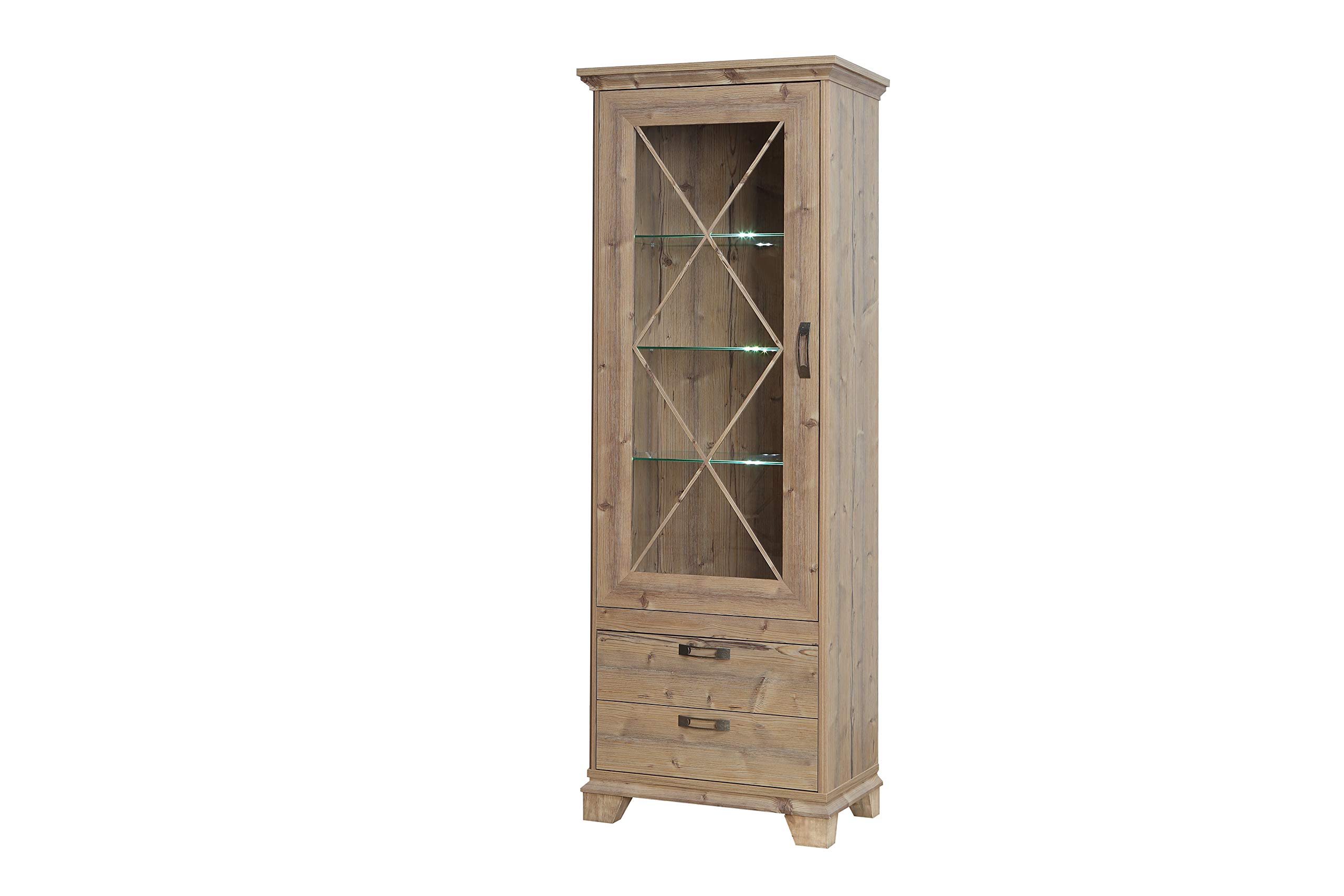 FORTE Nepal Vitrine mit 1 Glastür und 2 Schubladen, Holzwerkstoff, Bramberg Fichte, 75,6 x 209,2 x 45 cm