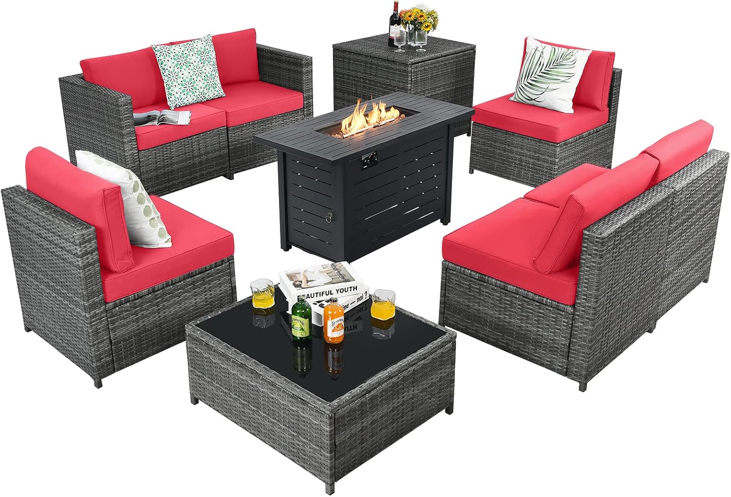 Tangkula 9 Pieces Patio Rattan Furniture Set, Patiojoy Sectional Sofa