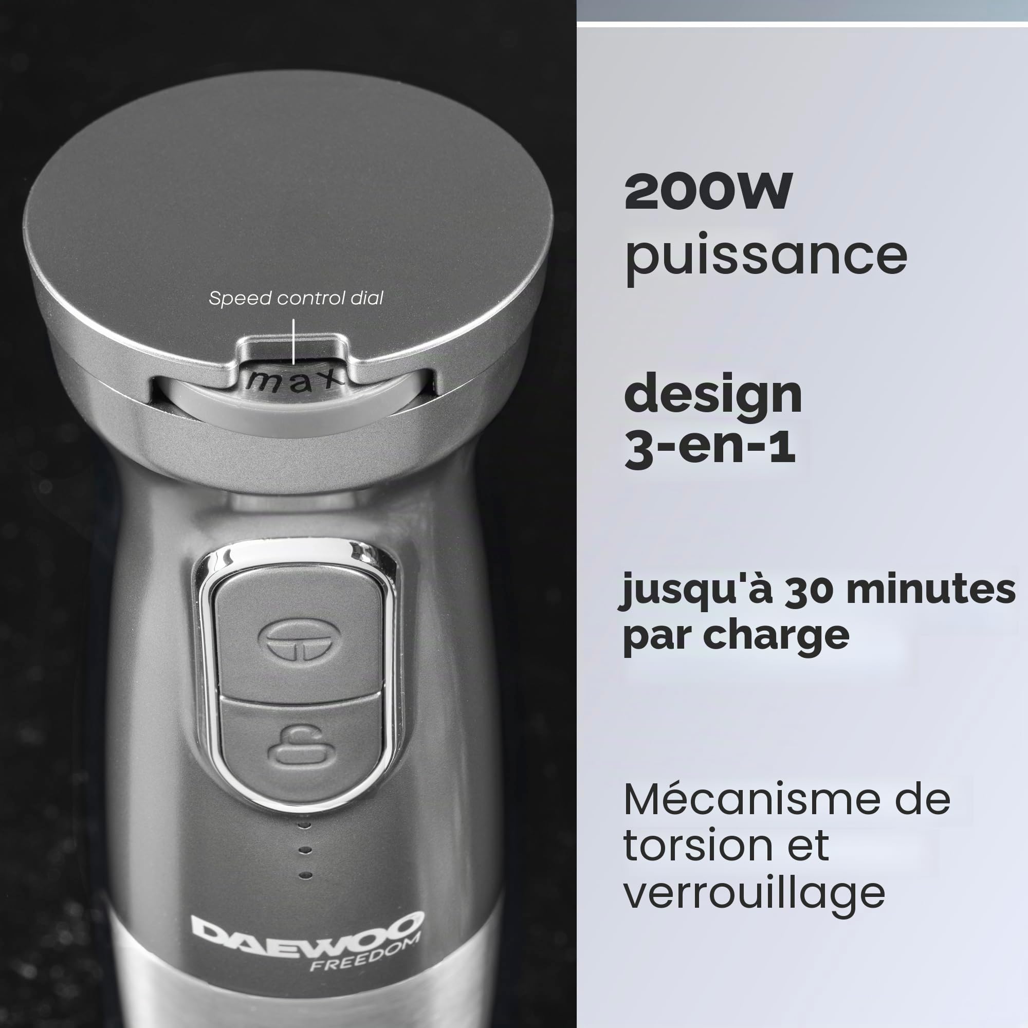 Daewoo Freedom Mixeur portatif sans fil 3 en 1 avec fouet et mini hachoir avec pot inclus, charge rapide, indicateurs de batterie, moteur puissant, design élégant en aluminium brossé, portable