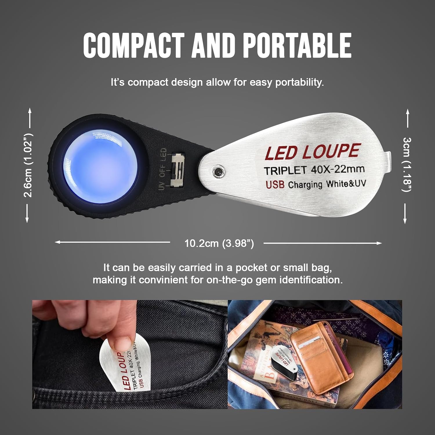 40X Jewelers Loupe Magnifier with UV & LED Lights, 22mm Triplet Lens, Rechargeable Foldable Jewelry Magnifier for Gems, Coins, Diamonds Inspection, Portable Loupe Tool