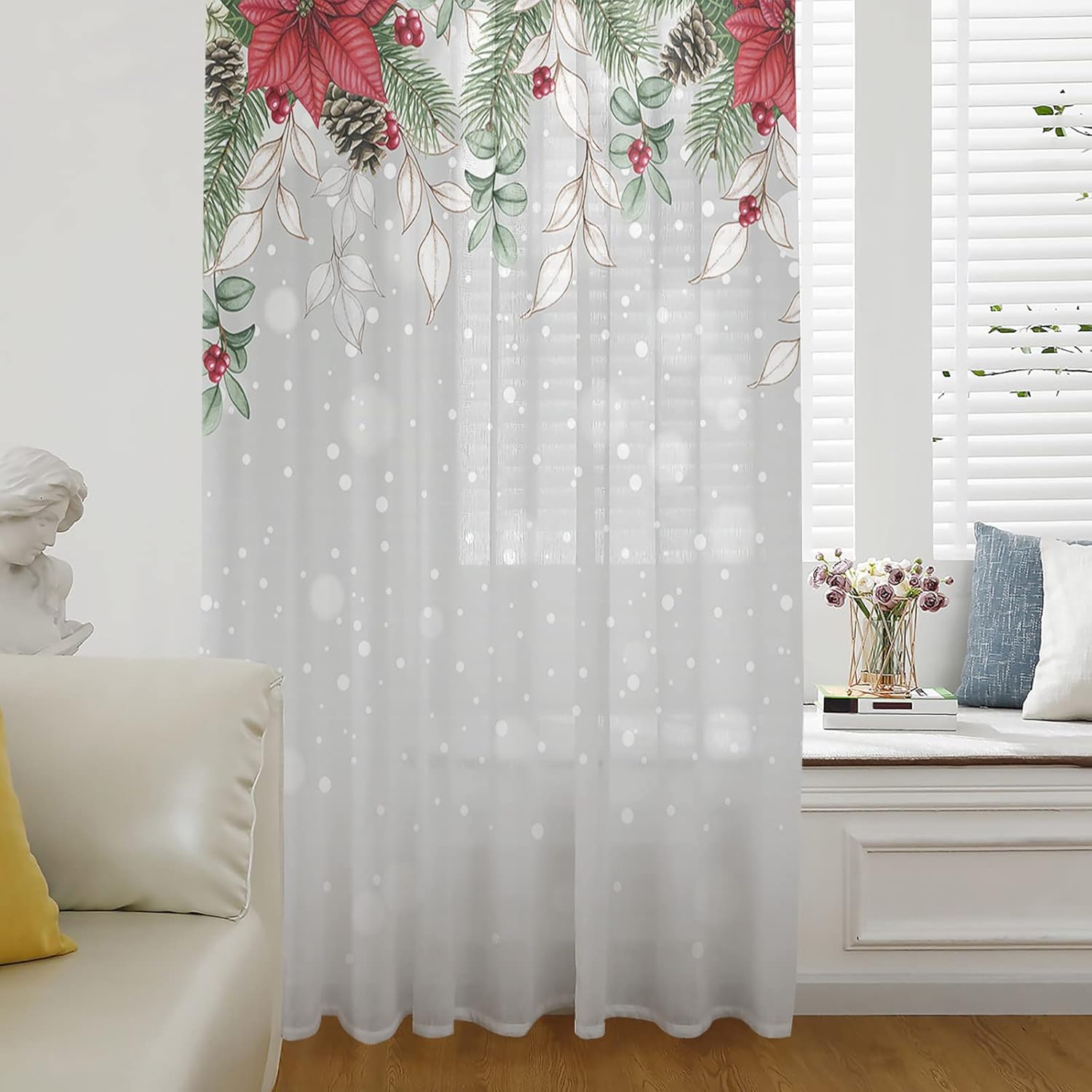 LEOSUCRE Semi Sheer Curtains 84 Inch Length, Christmas