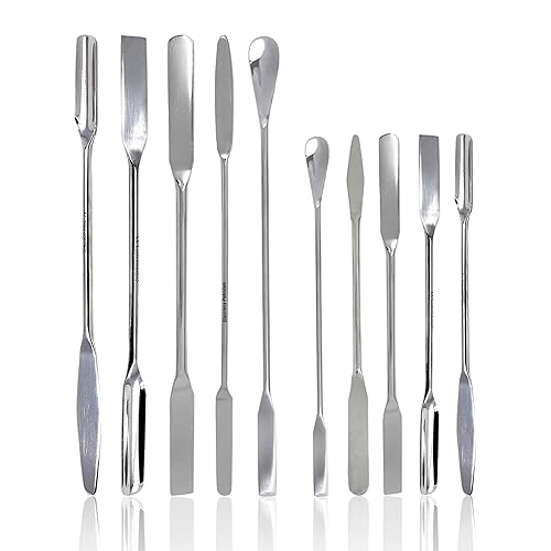 Juego de 10 muestreadores de espátula de laboratorio de acero inoxidable de doble extremo, cuadrado, cuchara, extremo de flecha redondo y cónico, 7