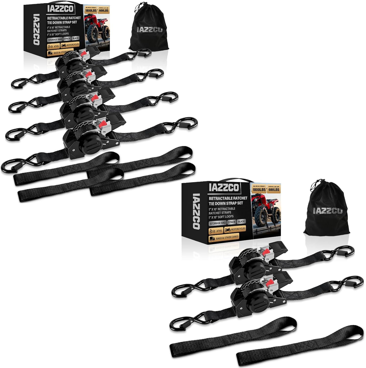 Retractable Ratchet Tie Down Straps - 1 Inch x 10 Feet (1800 LB Break Strength) Heavy Duty Self Retracting Ratchet Straps, for Trucks/ATV/Motorcycle/Cargo/Household（Black/2&4 Pack）