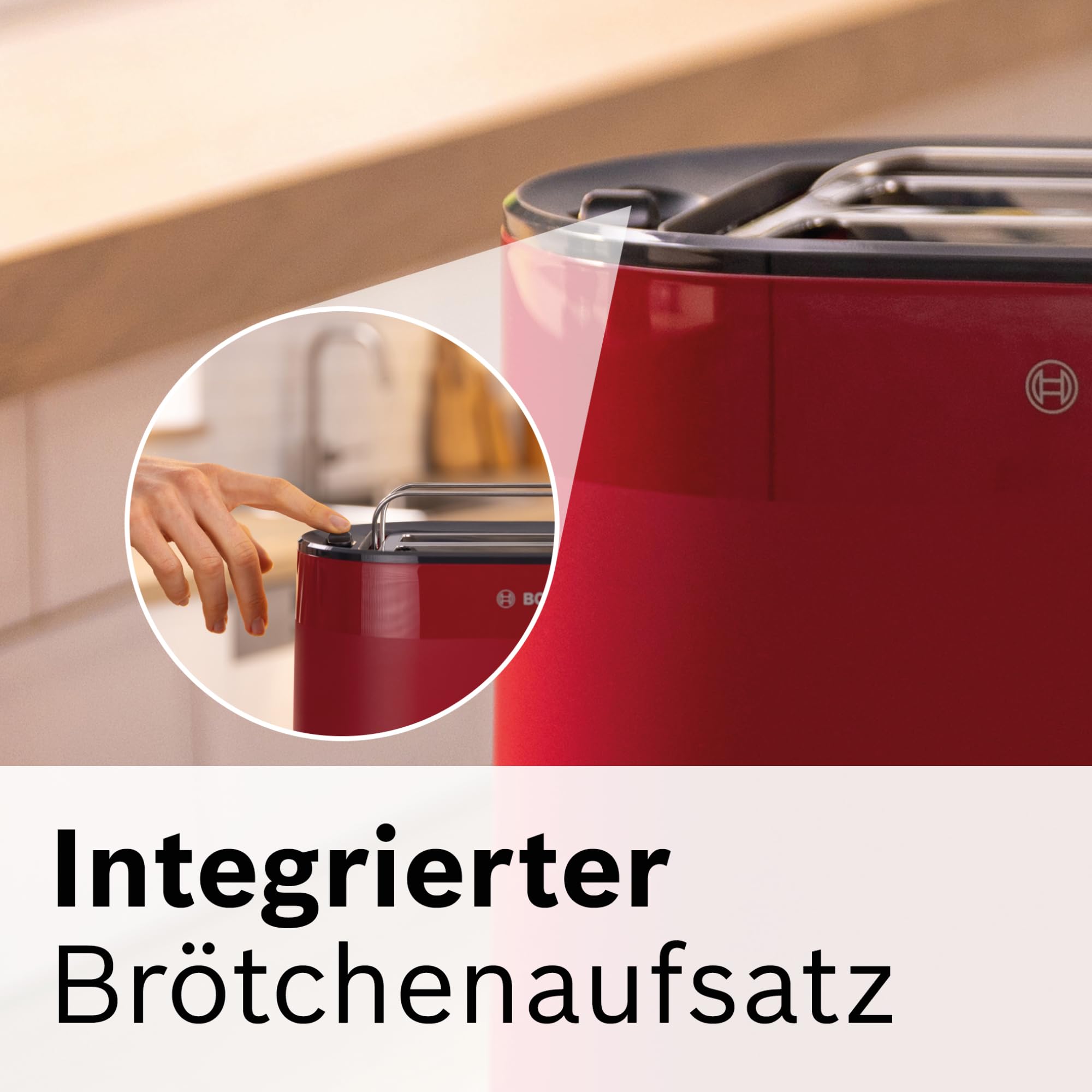 Bosch Kompakt Toaster MyMoment TAT2M124, integrierter Brötchenaufsatz, mit Auftaufunktion, mit Abschaltautomatik, Liftfunktion, Brotzentrierung, perfekt für 2 Scheiben, 800 Watt, Rot matt