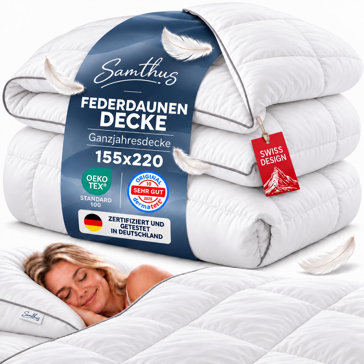 Samthus Deluxe Feder- und Daunendecke 155x220 | himmlische weiche Bettdecke | Zertifiziert in Deutschland | Bauschige Decke Schlafdecke weiche Federn und Daunen | Federbettdecke | Ganzjahresdecke 155x220