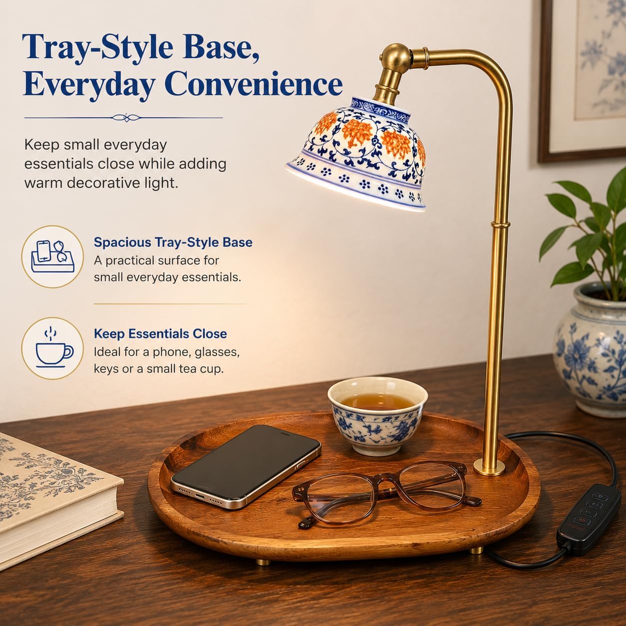 Chinese Porcelain Table Lamp, USB Desk Light, 14 Inch Asian Home Decor Lamp image 4