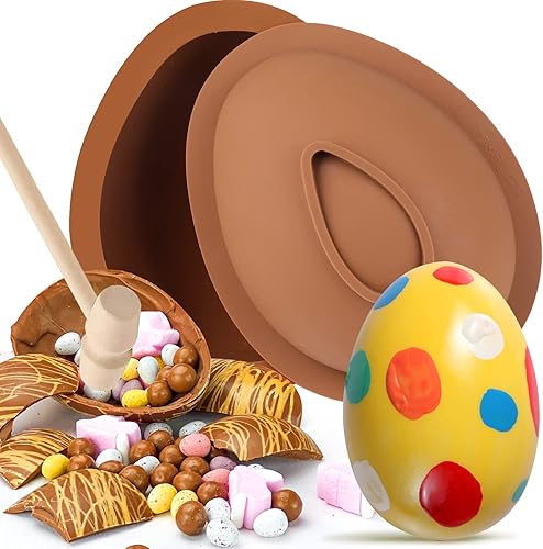 BUSOHA Moldes de silicona para huevos de Pascua para chocolate, 2 piezas de molde grande de chocolate 3D rompible con 1 martillo para decoraciones