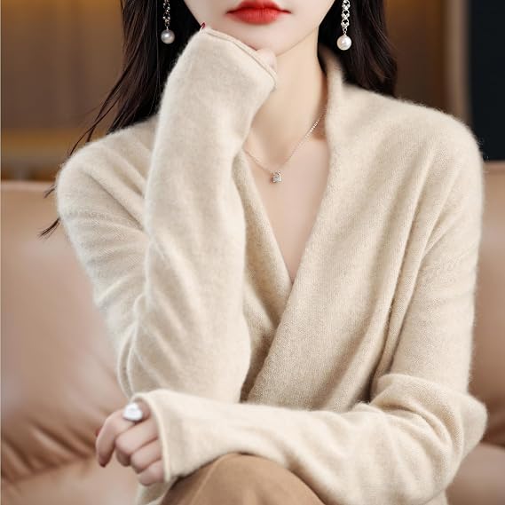 Women's V-Neck Sweater 100% Merino Wool 2025 Winter Warm Soft Long Sleeve Seamless Knit Pullover Cashmere Fall Sweater