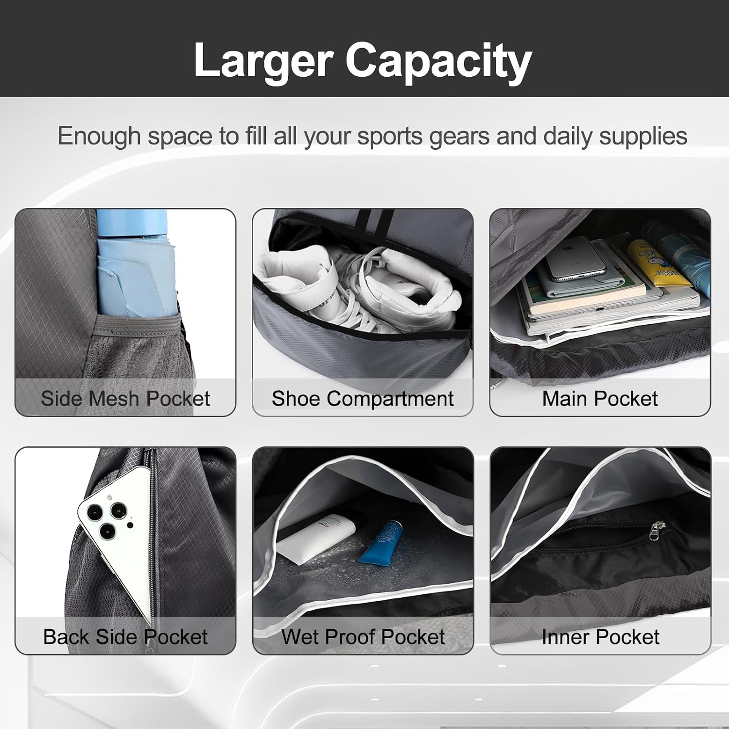Hoedia Sports Drawstring Backpack - String Swim Gym Bag with Shoes Compartment and Wet Proof Pocket for Women/Men (Dark Grey)