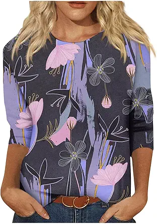 HTHLVMD Womens 3/4 Length Sleeve Tops 2025 Fall Fashion Floral Print Crewneck Causal Trendy Tunic Tops for Women
