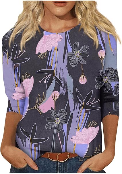 HTHLVMD Womens 3/4 Length Sleeve Tops 2025 Fall Fashion Floral Print Crewneck Causal Trendy Tunic Tops for Women
