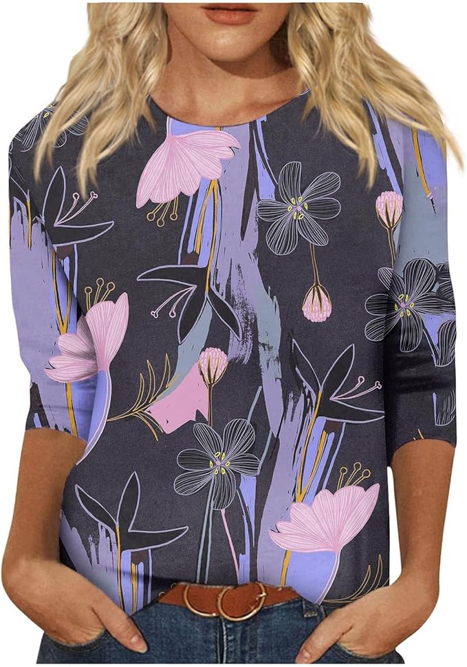 HTHLVMD Womens 3/4 Length Sleeve Tops 2025 Fall Fashion Floral Print Crewneck Causal Trendy Tunic Tops for Women