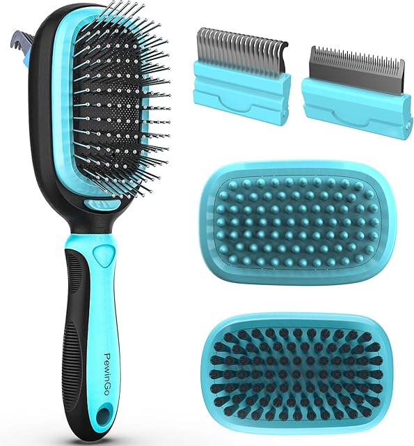 PewinGo Dog Grooming Brush 5-in-1, Cat Brush, Pet Rake Comb for Long and Short Hair, for Grooming, Shedding Undercoat and Dirt. Slicker + Bristle + Bath Brushes and Deshedding + Dematting Combs
