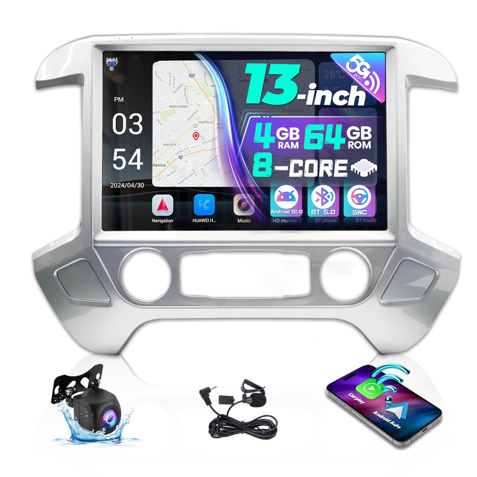 LASERTAIL 5Ghz WiFi Car Stereo Radio for Chevy Silverado GMC Sierra 2014-2018 13.1 Inch 8 Core Full HD Touch Screen Head Unit with Wireless Carplay Android Auto Bluetooth 48EQ Backup Camera 4G+64G