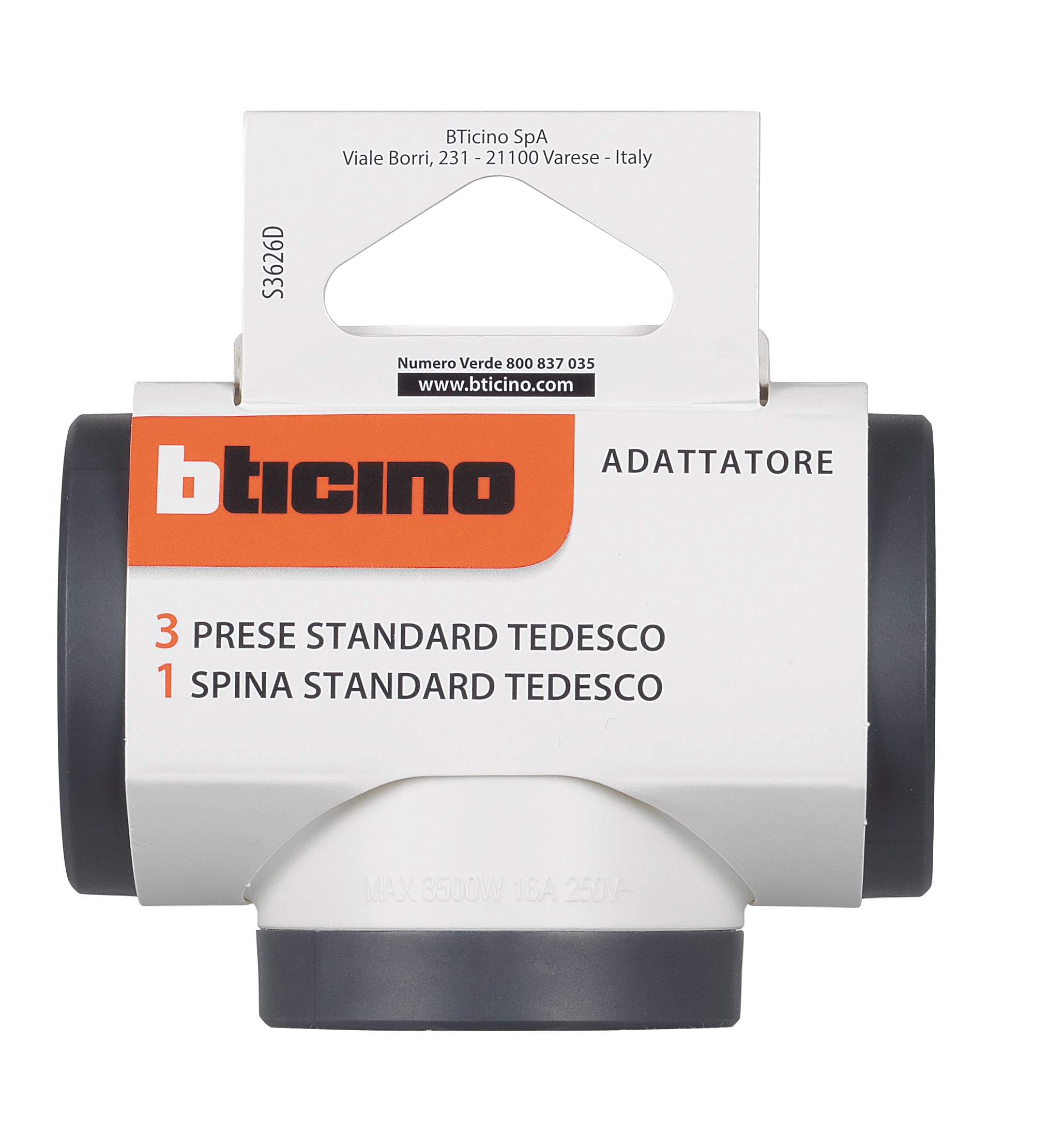 Bticino S3626D Adapter 3 Schuko Steckdosen Deutscher Standard Großer Stecker 16A Mehrfachstecker 3-seitig Mehrfachsteckdose bis 3500W Mehrfachadapter Platzsparend Matt