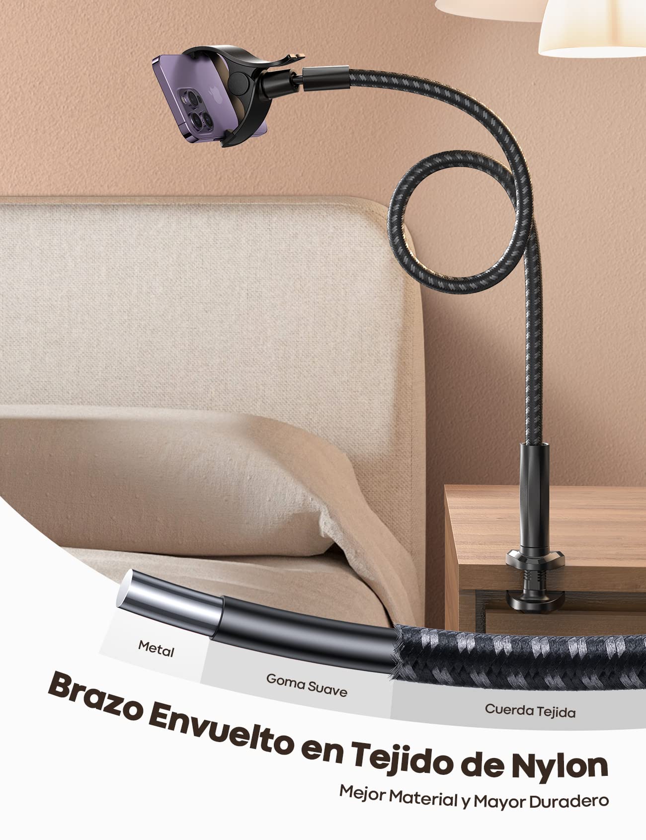 Lamicall Soporte Móvil con Cuello de Cisne - [Novedoso Tejido de Nylon] 97cm Brazo Flexible, Clip Ajustable de 360°, Soporte para Cama para iPhone 17/16/15/14/13/12/11 Pro MAX, Otros 4-7”Smartphones