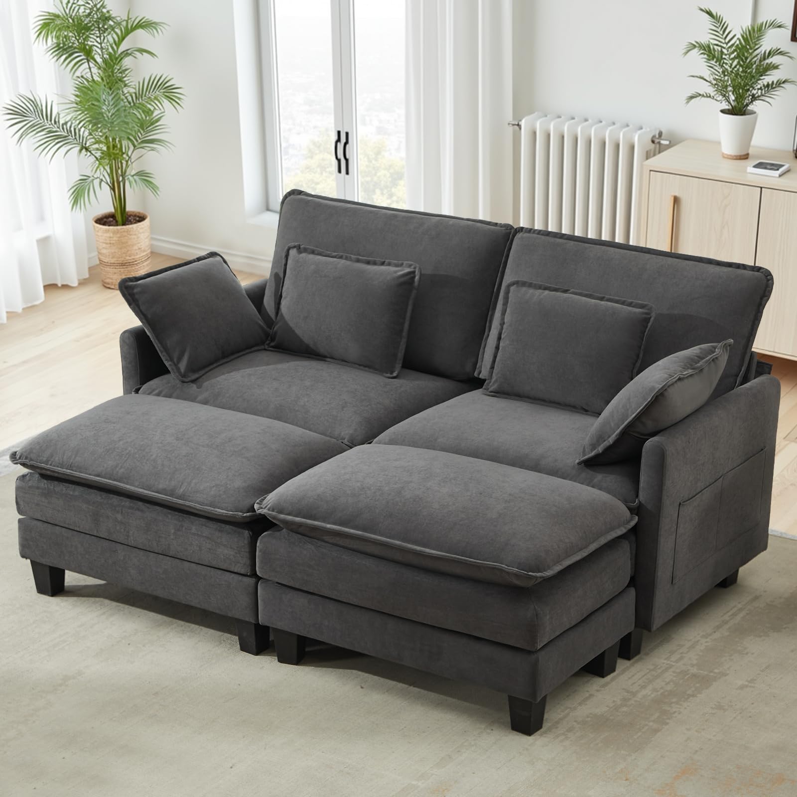 Modulares Sofa mit Schlaffunktion,Chenille Ecksofa Klein mit Dicken Polstern,Sofa L Form Set mit Couch Kissen,Bequemer Sessel Wohnzimmer Couch mit Hocker,Chaiselongue (Dunkelgrau, 197 cm L-Form) Küche, Haushalt & Wohnen