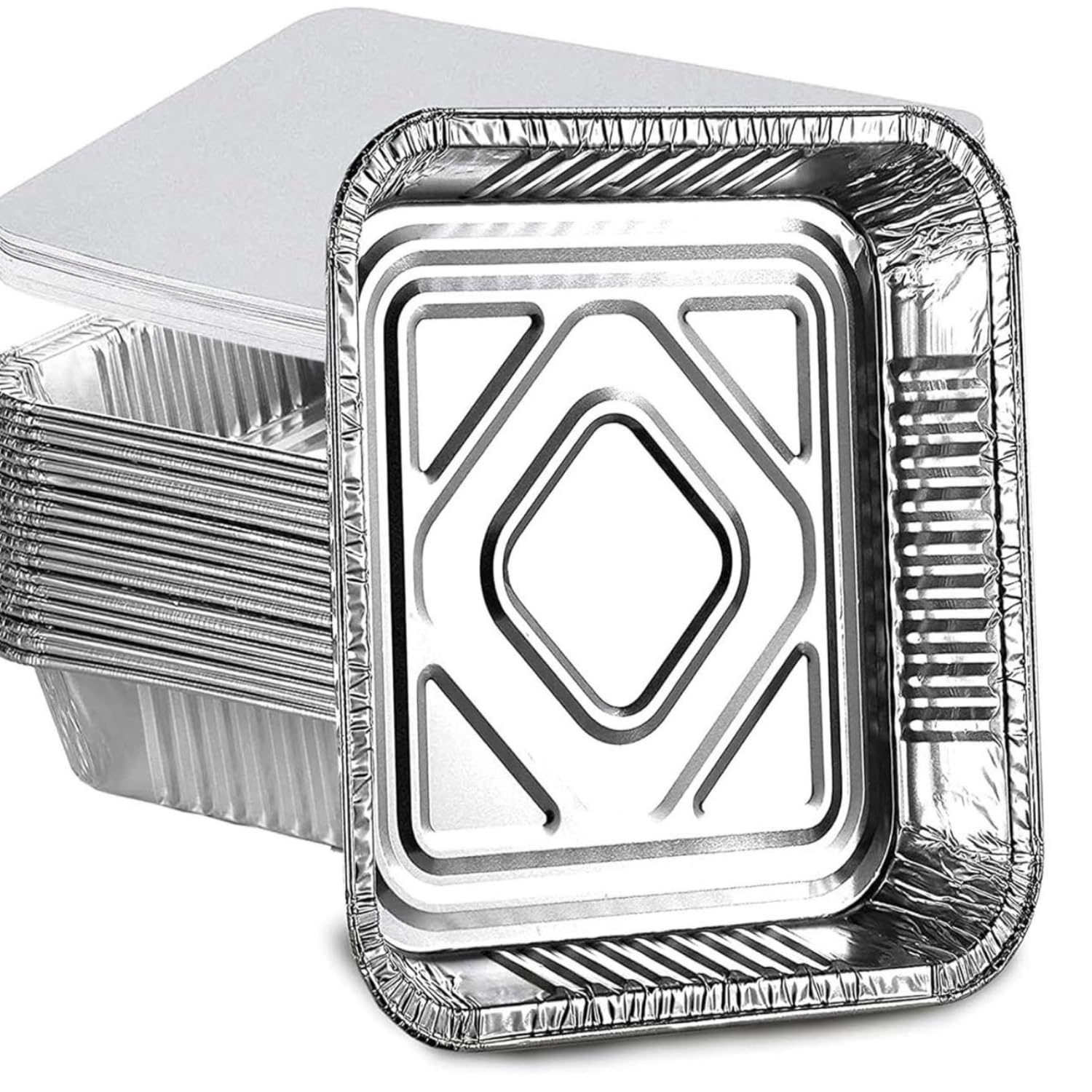 HOMESmith 10 Pack Aluminium Foil Trays with Lids Containers Strong and Large Tin Foil Food Take Away Container Disposable Food Take Out Box with Lid|3 Litre |, Silver