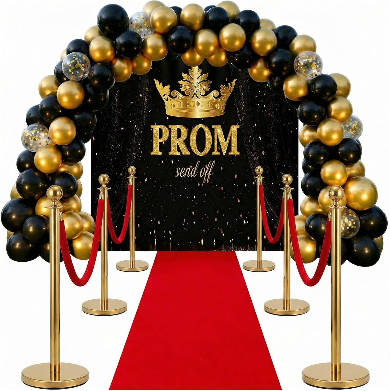 Tegeme 2026 Prom Decorations 6 x 6 ft Glitter Black and Gold Backdrop Balloons Arch Garland Kits with Red Carpet Runner Rug for Senior College Prom Send off 2026 Decorations Graduation Party Supplies