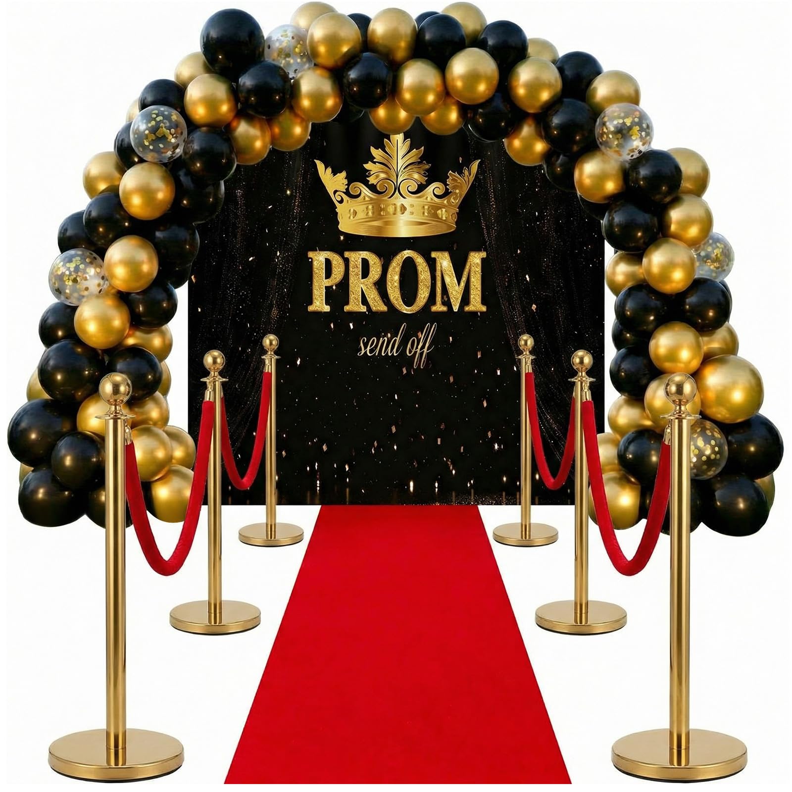 Photo 1 of [Missing Parts NO BALLONS] Tegeme 2026 Prom Decorations 6 x 6 ft Glitter Black and Gold Backdrop Balloons Arch Garland Kits with Red Carpet Runner Rug for Senior College Prom Send off 2026 Decorations Graduation Party Supplies