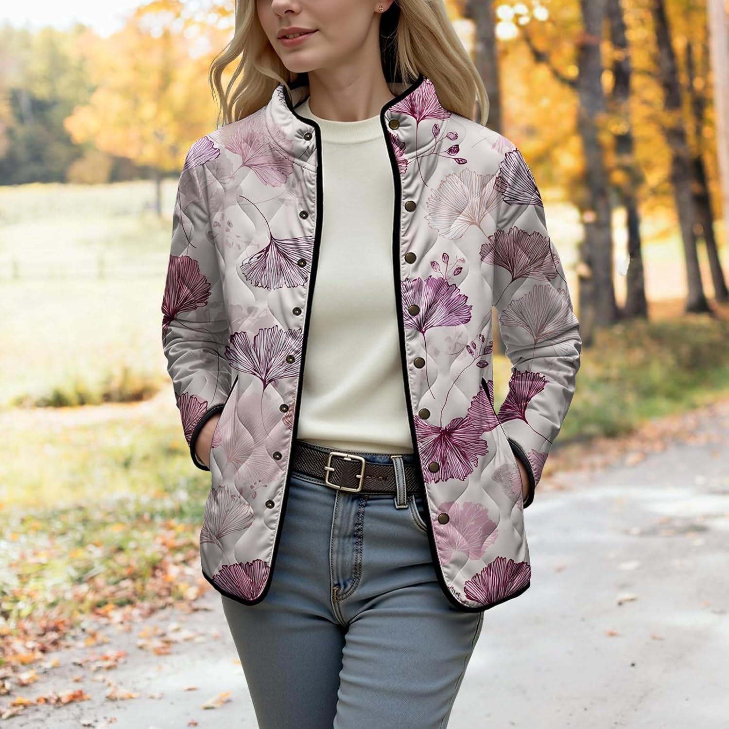 Zaswen Women's Vintage Floral Button Down Lightweight Fall Winter Coat Patchwork Quilted Jacket Trendy Outerwear with Pockets