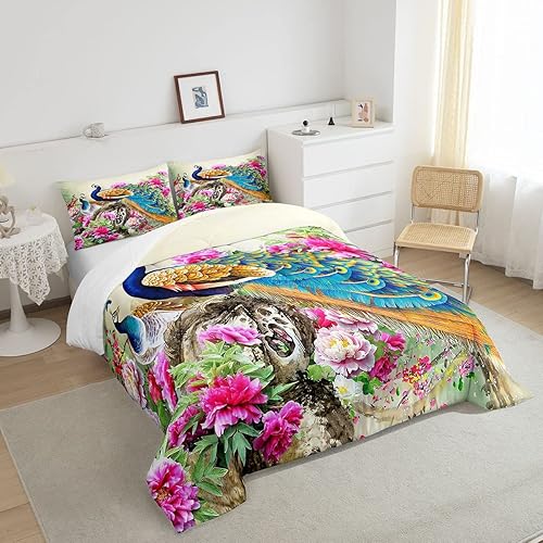 Miniatura 2 de Manfei Juego de edredón de pavo real, tamaño matrimonial, elegante y hermoso edredón de plumas azules de 3 piezas para adolescentes, adultos, niñas,