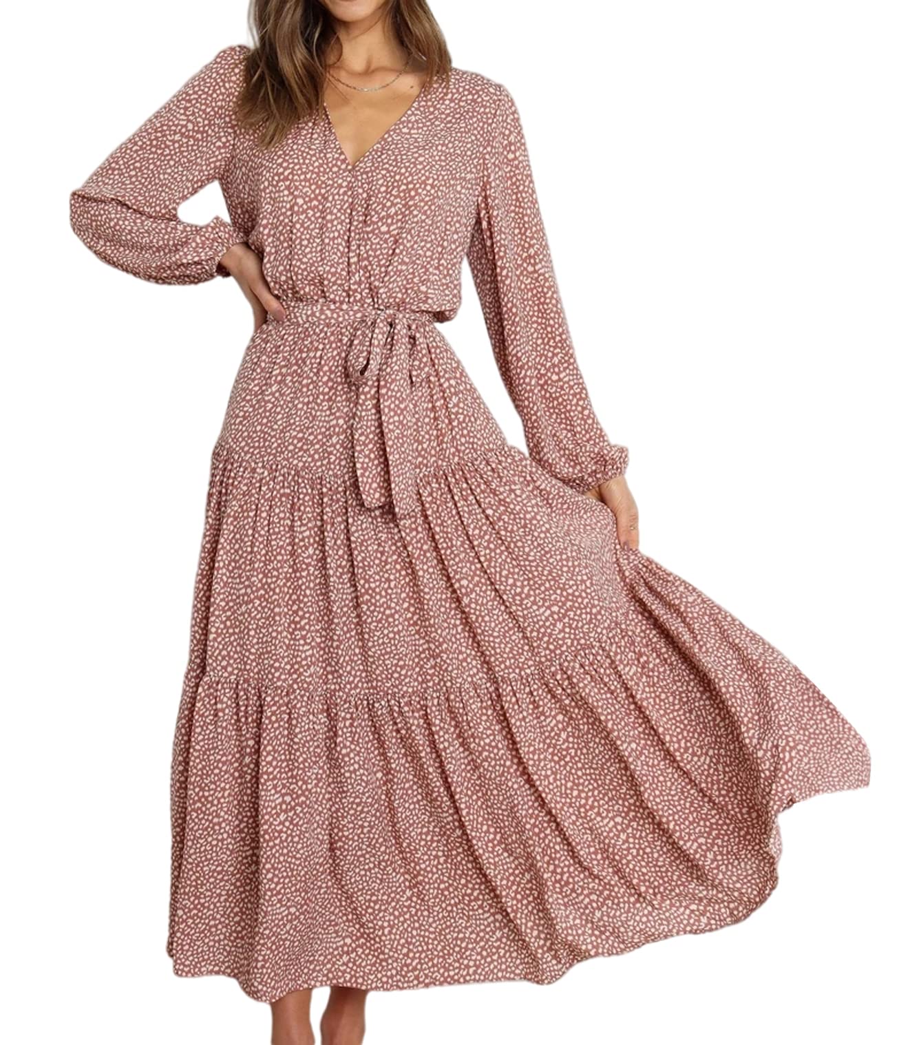 R.Vivimos Women's Fall Long Sleeve Casual Dresses Wrap V Neck Polka Dots Tiered Ruffle Flowy Midi Dress with Belt