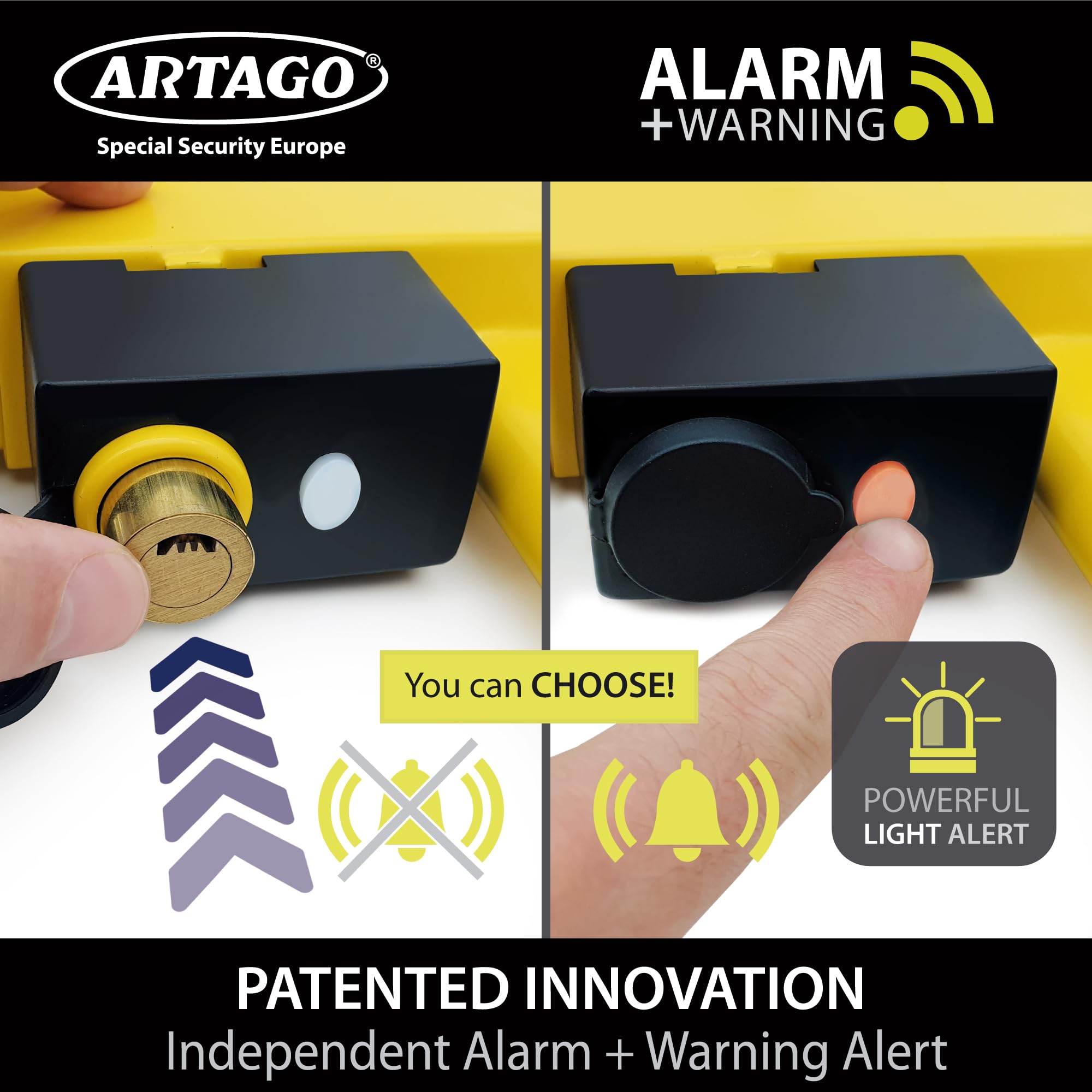 ARTAGO ART872 High-End Alarm Wheel Clamp Lock, Exclusive Patented Anti Theft Device, Don't Touch System, 120dB, Long Lasting Battery, Universal Auto Car Boot for Tires Trailer, Van, Golf Cart, Camper