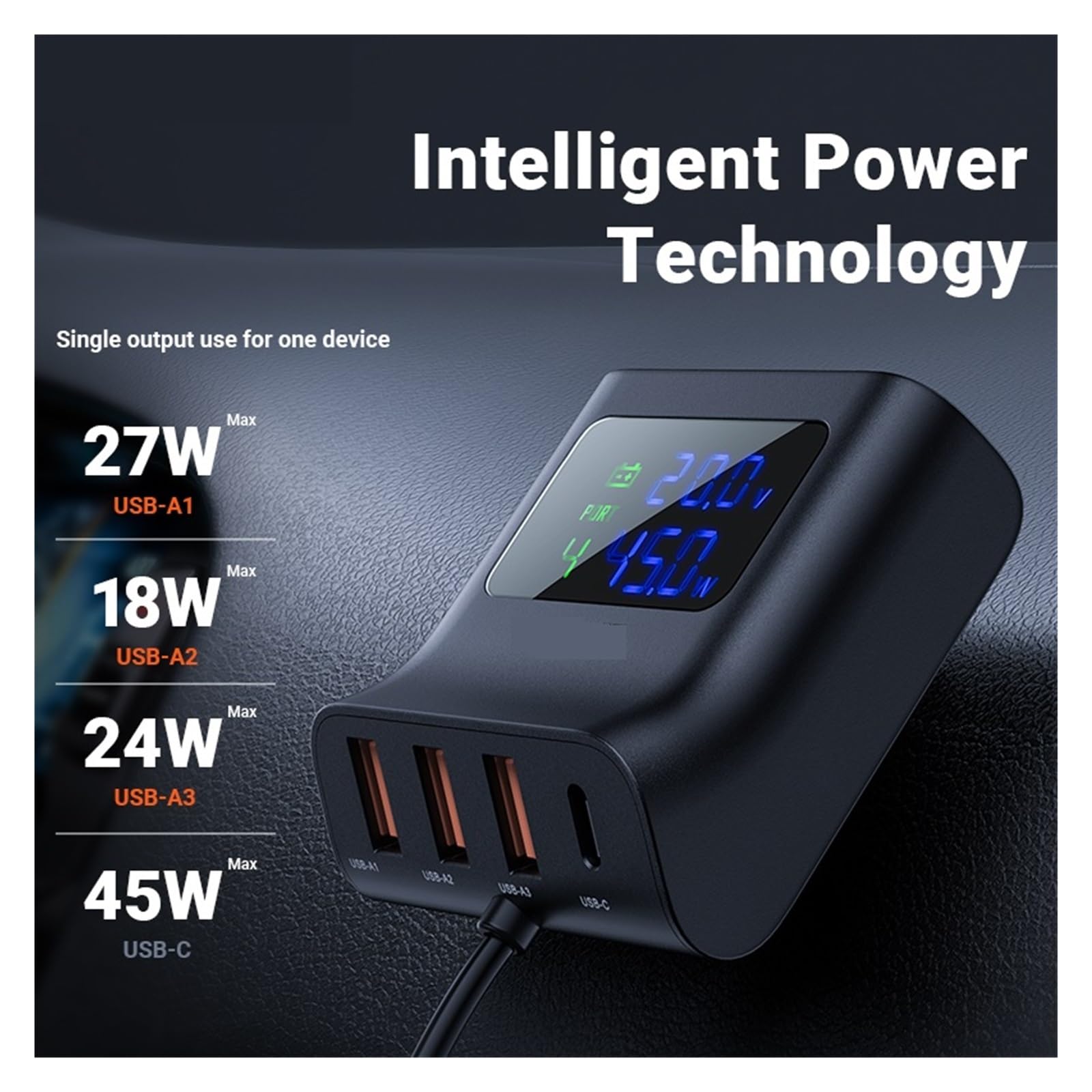 4-portowe Rozgałęźniki Ładowarki Samochodowej USB PD QC3.0 90W Wyświetlacz LED Woltomierz Stacja Dokująca Szybkie Ładowanie Szybki Sejf