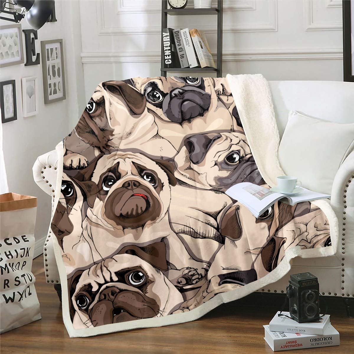 Loussiesd Cute Pug Dog Sherpa Fleece Throw Blanket - Cartoon Animal Theme, Fuzzy, Plush, Double, 60"x79"